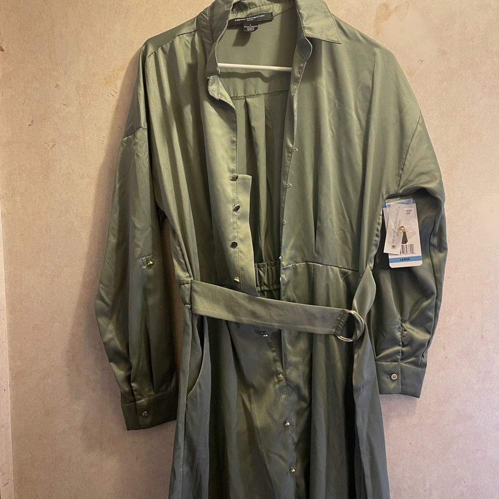French Connection Olive Satin Shirt Dress with Waist Tie